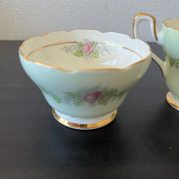 Mint Green Floral Sugar & Creamer Set // Delphine China England // Floral Design - Picture 4 of 7